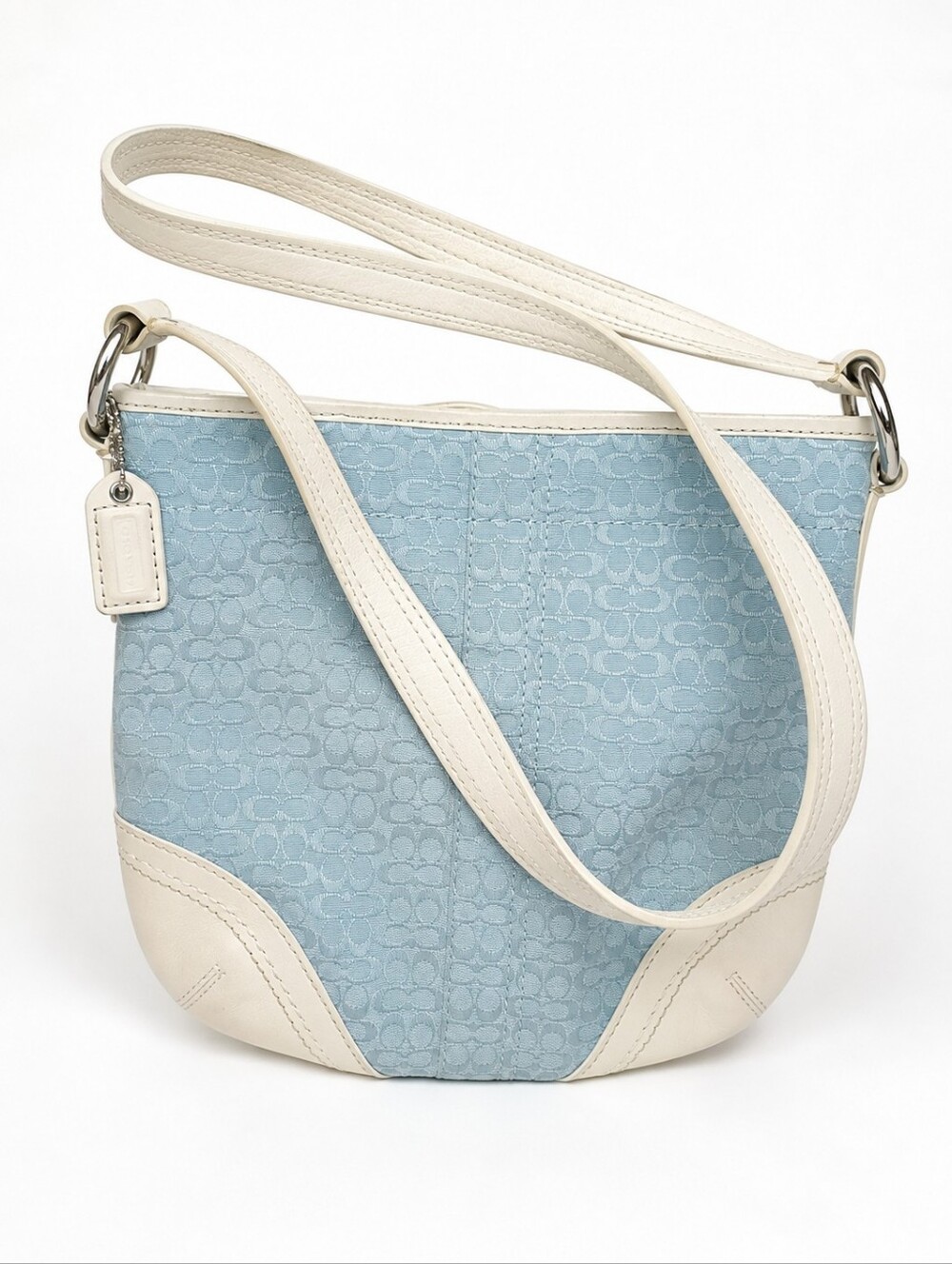 Coach Light Blue Signature Canvas Shoulder Bag with Cream Trim